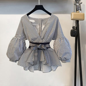 Lantern Sleeve Blouse Shirt Women 2020 Fashion Korean Style Summer Bow V-neck Striped Shirt Elegant Ladies Tops Female Clothing