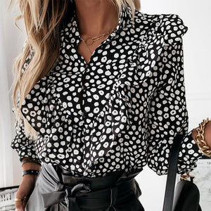 Casual Leopard Dot Print Ruffle Blouse Shirt Autumn Winter Long Sleeve Women Blouse