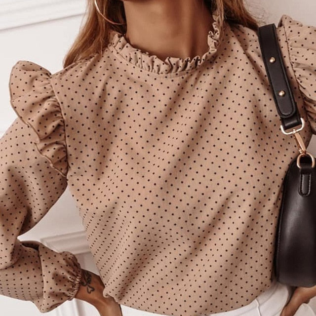 Casual Leopard Dot Print Ruffle Blouse Shirt Autumn Winter Long Sleeve Women Blouse