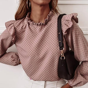 Casual Leopard Dot Print Ruffle Blouse Shirt Autumn Winter Long Sleeve Women Blouse