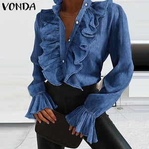 Elegant Women Blouse Shirts Demin Office Ladies Tops 2020 VONDA Casual Long Sleeve Lapel Neck Party Shirts Plus Size Women'Tunic