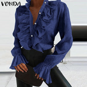 Elegant Women Blouse Shirts Demin Office Ladies Tops 2020 VONDA Casual Long Sleeve Lapel Neck Party Shirts Plus Size Women'Tunic