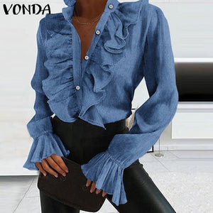 Elegant Women Blouse Shirts Demin Office Ladies Tops 2020 VONDA Casual Long Sleeve Lapel Neck Party Shirts Plus Size Women'Tunic